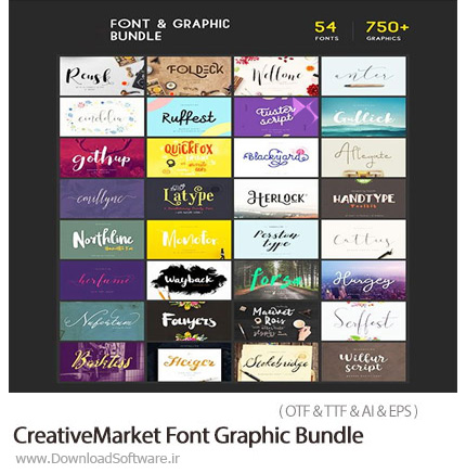 دانلود ۵۲ فونت لاتین و بیش از ۷۵۰ عناصر طراحی گرافیکی متنوع – CreativeMarket Font Graphic Bundle